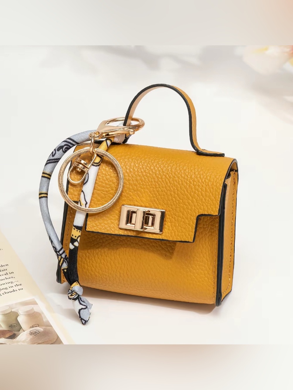 Yellow Mini Satchel Crossbody Bag with Gold Hardware Bag Charm/Keychain